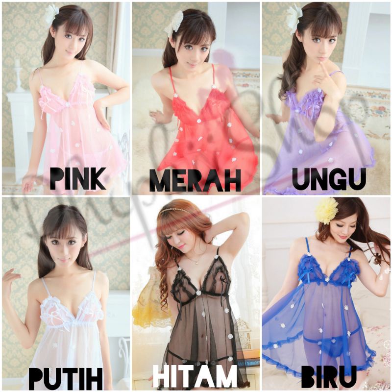 Set Lingerie Dress Sexy + G String Renda Bordir Bunga