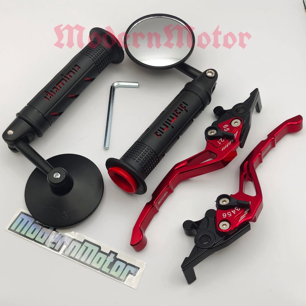 (PAKET MURAH) Spion Jalu Cembung+Handgrip Domino+Handle Variasi CNC D-Tracker KLX CRF 150 Ninja 250 Ninja R Ninja RR  DTracker CBR 150 Mx-king Vario 160 Mio j