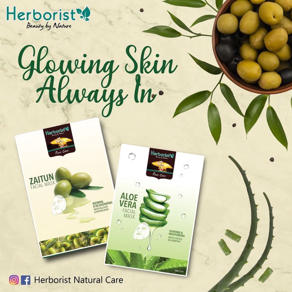 Herborist Sheet Mask Facial Mask 23ML Aloevera Zaitun / Masker Wajah Melembabkan Soft Refreshing Moisturizing Anti Aging Natural