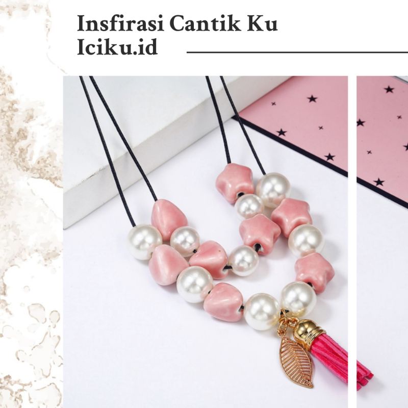 BISA COD Kalung Rantai Panjang Liontin Mutiara Rumbai Pink Necklace Lucu