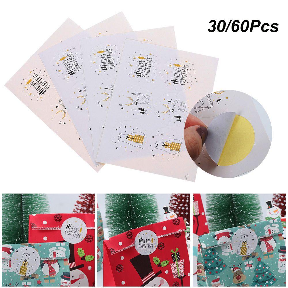 Populer 30/60Pcs Kertas Hadiah Stiker Hiasan Kue Elk Gift Box Bear &amp; Deer Festival Dekorasi Sealing Craft Merry Christmas