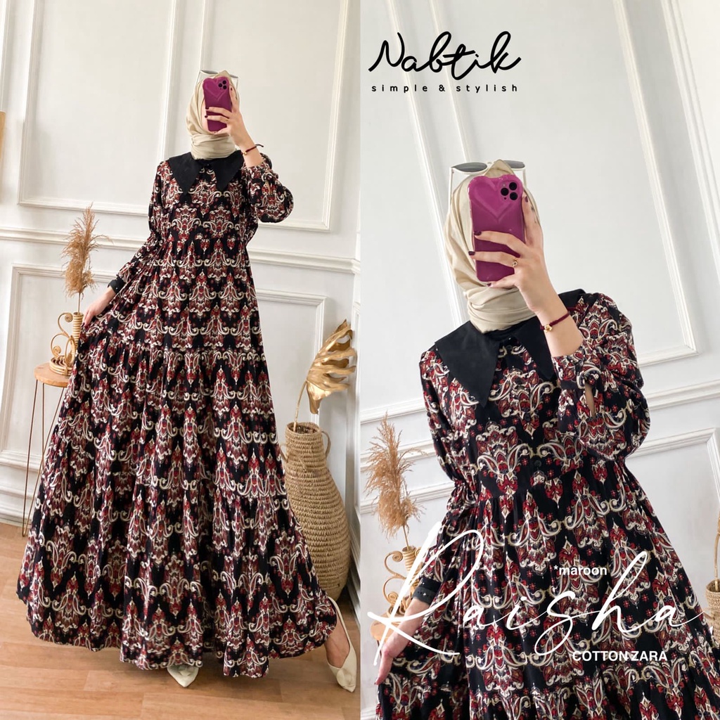 [ORI 100% NABTIK] Gamis dewasa Raisha Nabtik LD110 Cm | Pakaian wanita menyusui busui friendly tanga