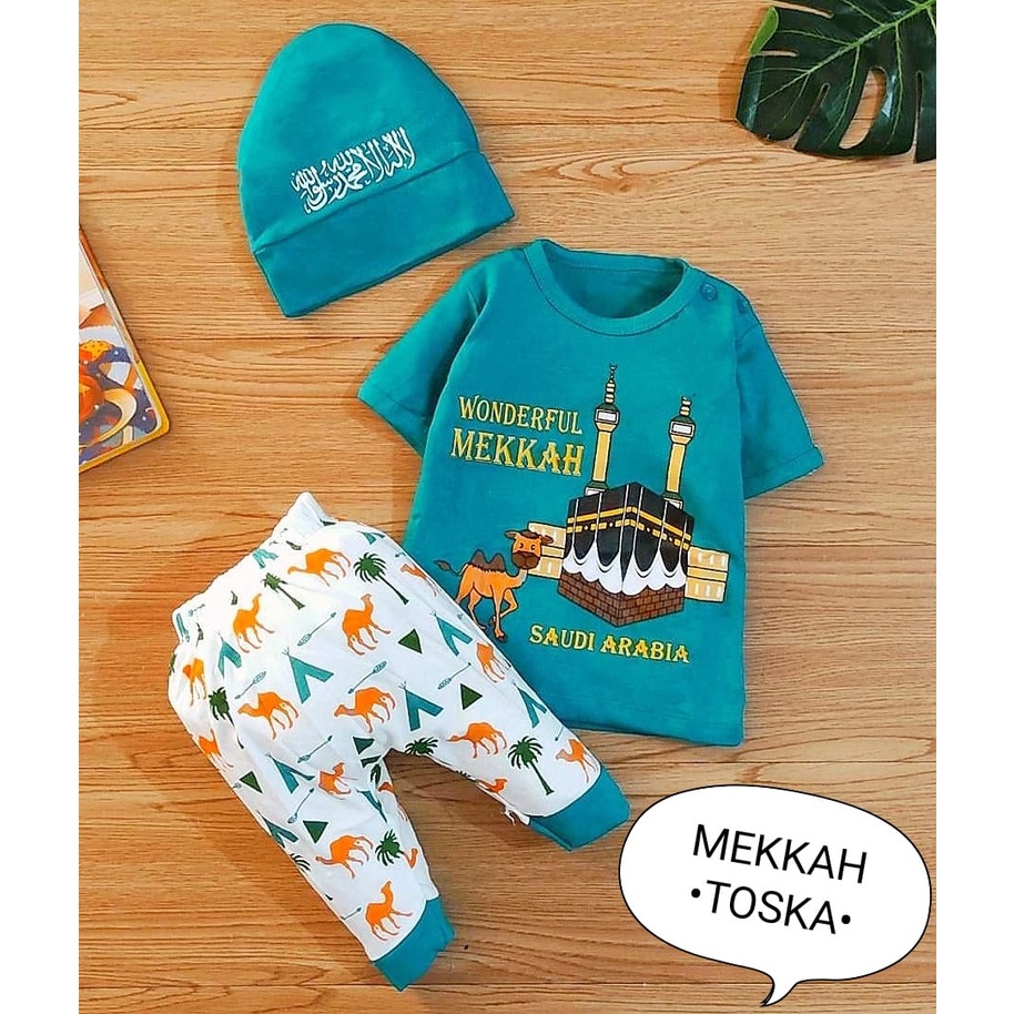 Baju bayi laki-laki setelan anak atasan dan celana karakter Mekkah free topi / 1 Ukuran