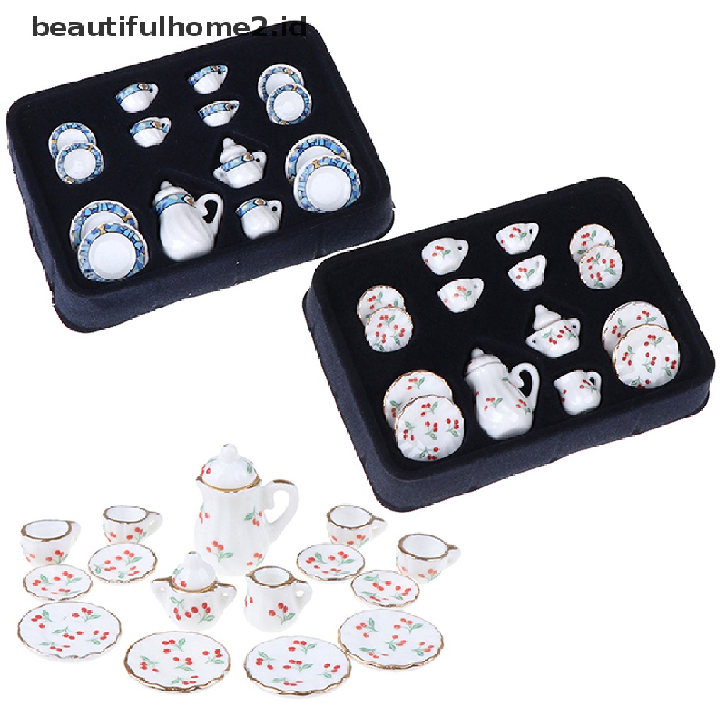 (Beautifulhome2.Id) 15pcs / Set Mainan Miniatur Cangkir Teh Porselen Motif Bunga Untuk Aksesoris Rumah Boneka 1: 12