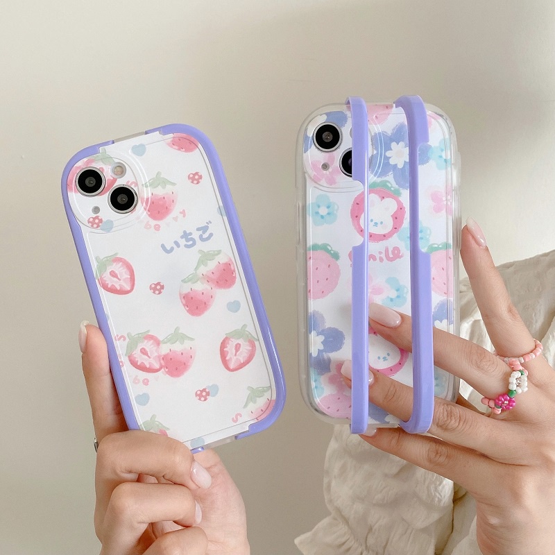 2 in 1 Case Pelindung Pola Kelinci Strawberry Tahan Jatuh Dengan Stand Untuk iPhone 11 12 13 Pro MAX X XR XS MAX 7 8 Plus