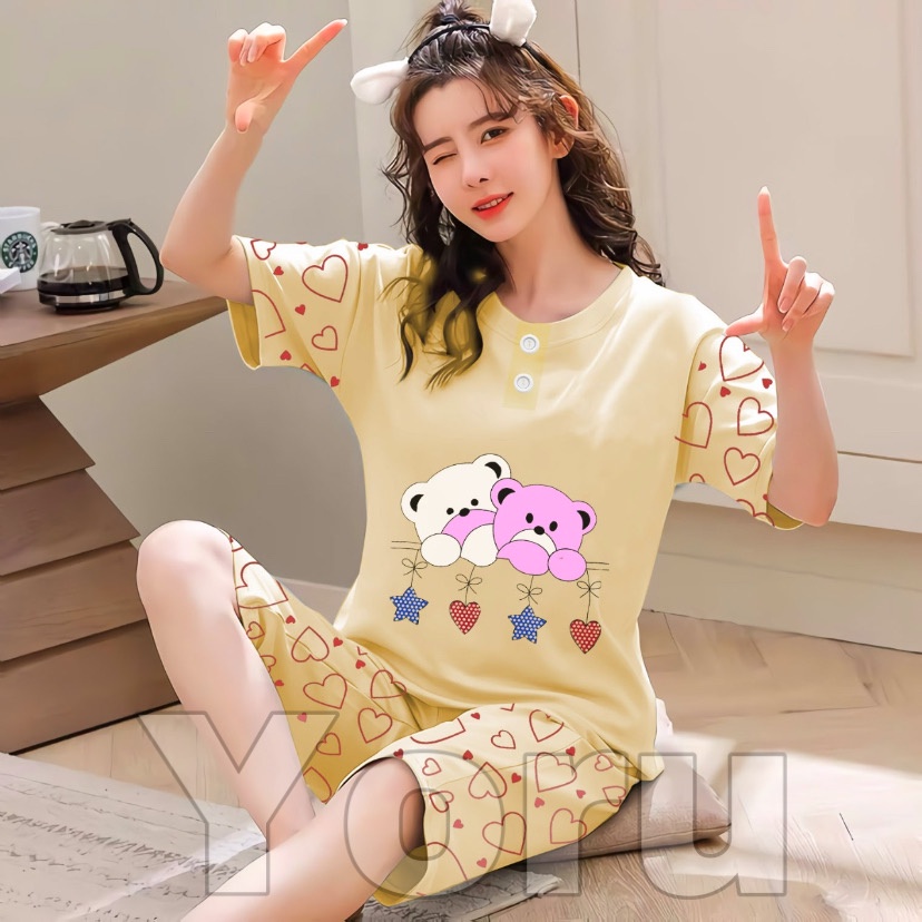 Pamelo Piyama 3/4 Baby Doll Murah Suplier Sleep Wear All Size Baju Tidur Wanita kaos Katun Stelan Stage2 Baju Tidur Murah Produk Terlaris-Luv 2 Bear Yelow