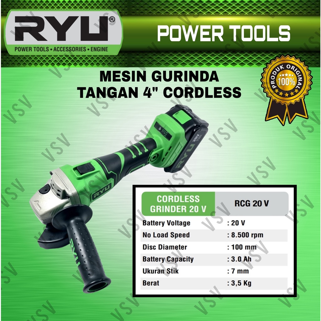 RYU RCG20V Mesin Gurinda Tangan 4&quot; Cordless Angel Grinder Mesin gerinda baterai