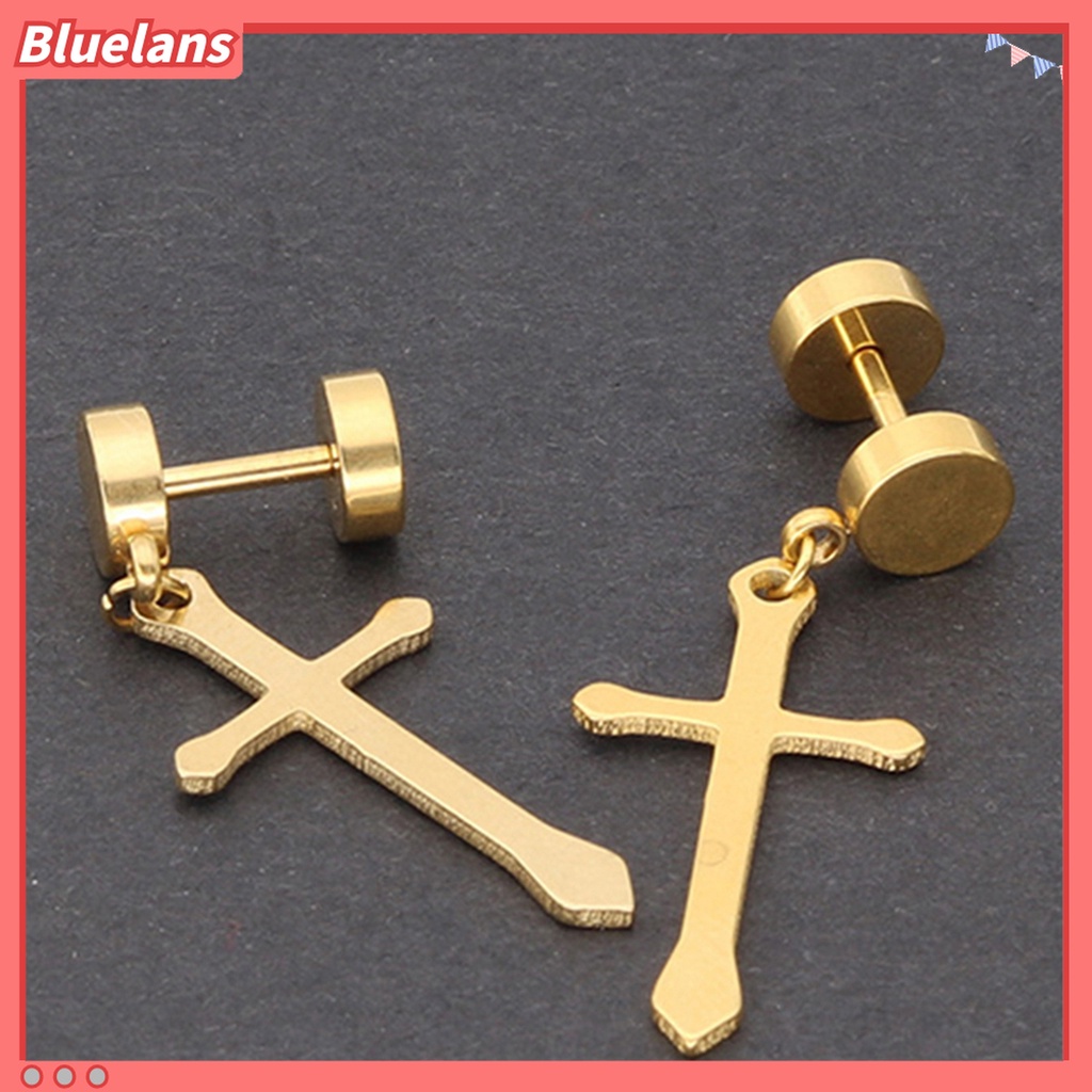 1 Pc Anting Stud Desain Dumbbell Cross Bahan Titanium Steel Untuk Dekorasi