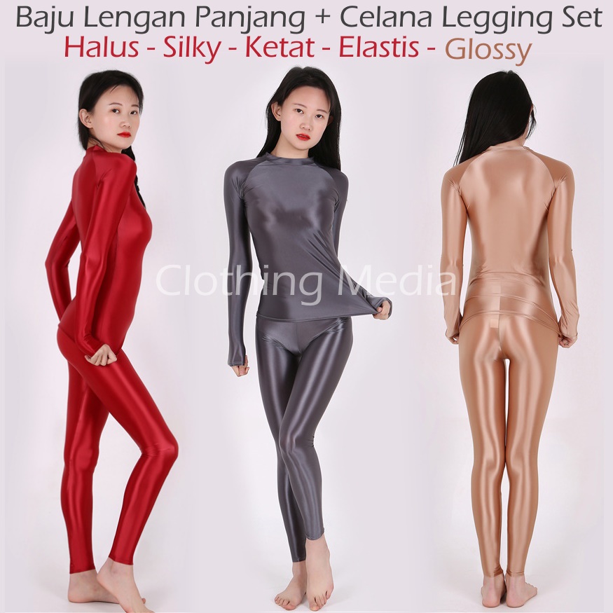 Setelan Silky Baju Lengan Panjang Celana Legging Bodysuit Glossy Manset Halus