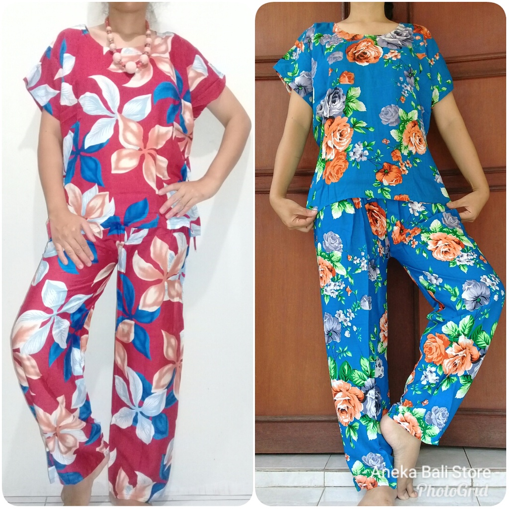 Piyama babydoll bali pilih motif geser UK-XL,berlengan & tali samping,setelan celana panjang, baju t