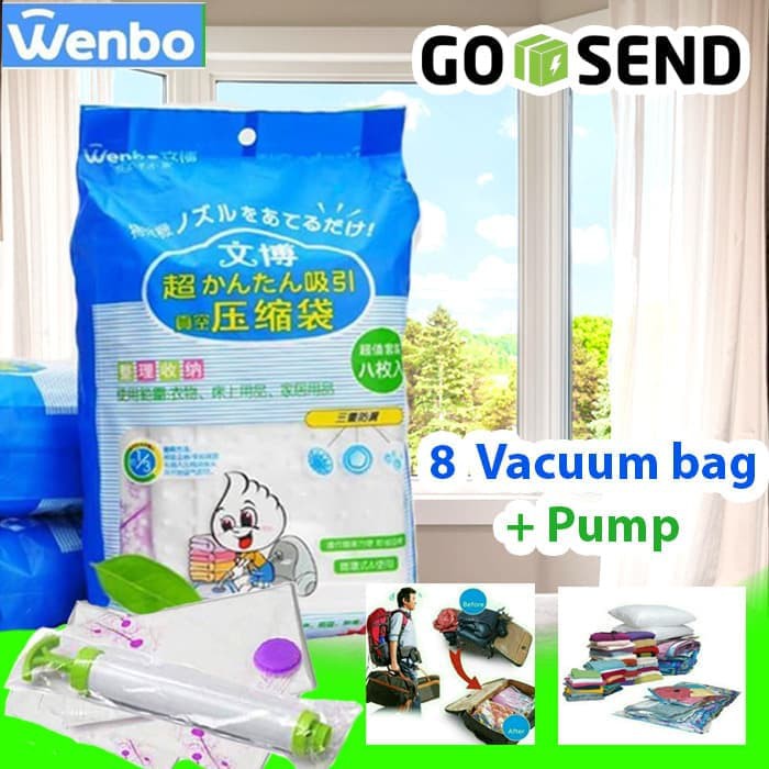 Vacuum Bag Kantong Plastik/ Simpan Barang/ Tahan Air/ Isi 8 + Free Pompa (3+3+2)