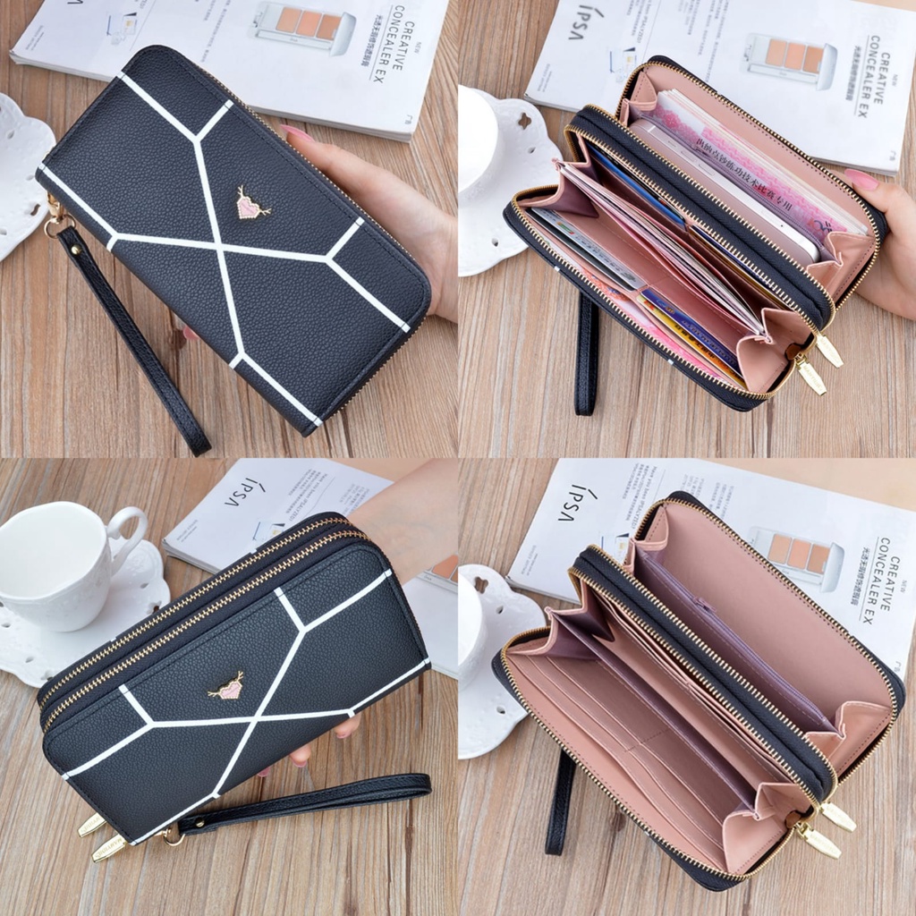 DOMPET PANJANG WANITA IMPORT PREMIUM 2 RESLETING KULIT HITAM CANNA WA518B5 BESAR MUAT HP SLOT KARTU UANG KOIN TALI PENDEK FASHION CEWEK MURAH KOREA BRANDED BATAM KEKINIAN REMAJA