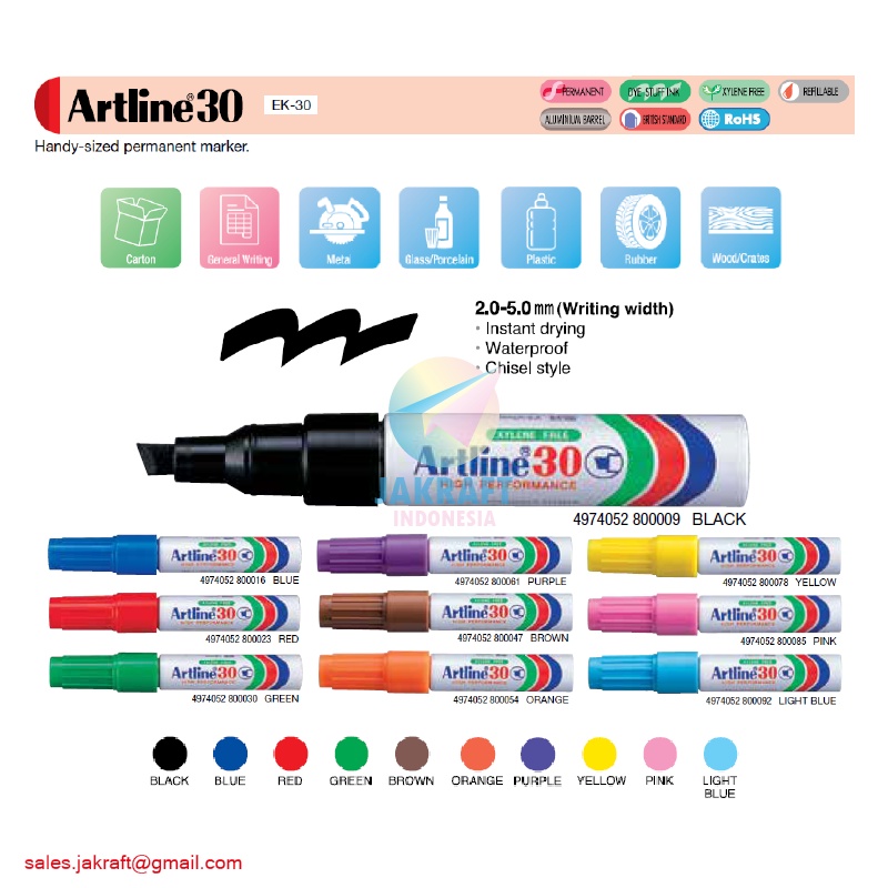 

(1 Pcs) Spidol Permanen ARTLINE Permanent Marker EK-30 Flat Style Anti Air 2.0~5.0 mm Warna Lengkap