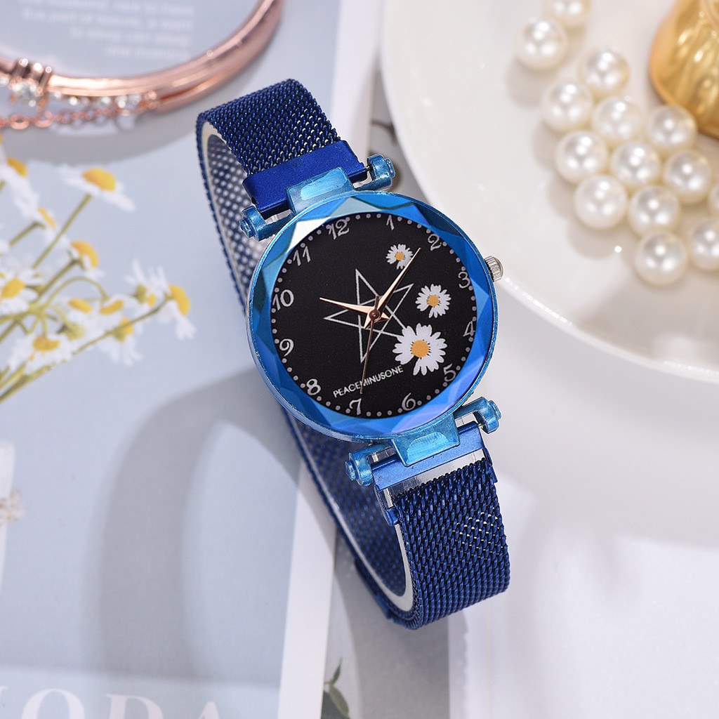 ELBER J174 Jam Tangan Rantai Wanita Jam Analog Motif Bunga Daisy-Biru
