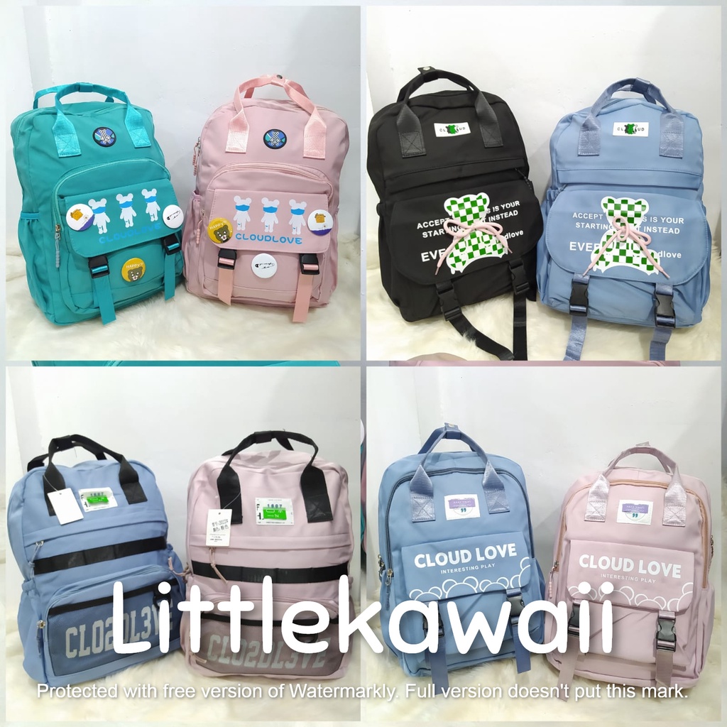 LK/Tas Ransel Laptop Backpack Parasut Tenteng Sekolah Fashion Korean Style Anak Remaja Dewasa Jaring Transparan Pin Tali Gesper Bear Cloud Import