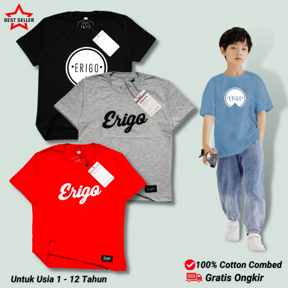 ERI-02 - Kaos anak laki laki dan perempuan| Baju pakaian anak umur 1 - 12 tahun| Setelan atasan anak tanggung| Kaos oblong anak-anak distro keren motif simple polos dan surfing