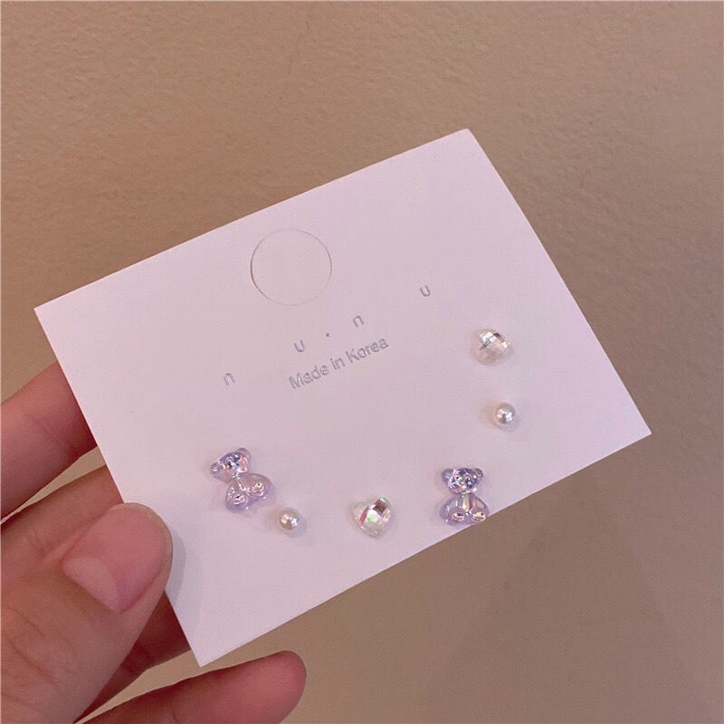 S2 jarum perak dream bear love heart stud anting-anting set kombinasi 22 tahun baru trendi lucu sede