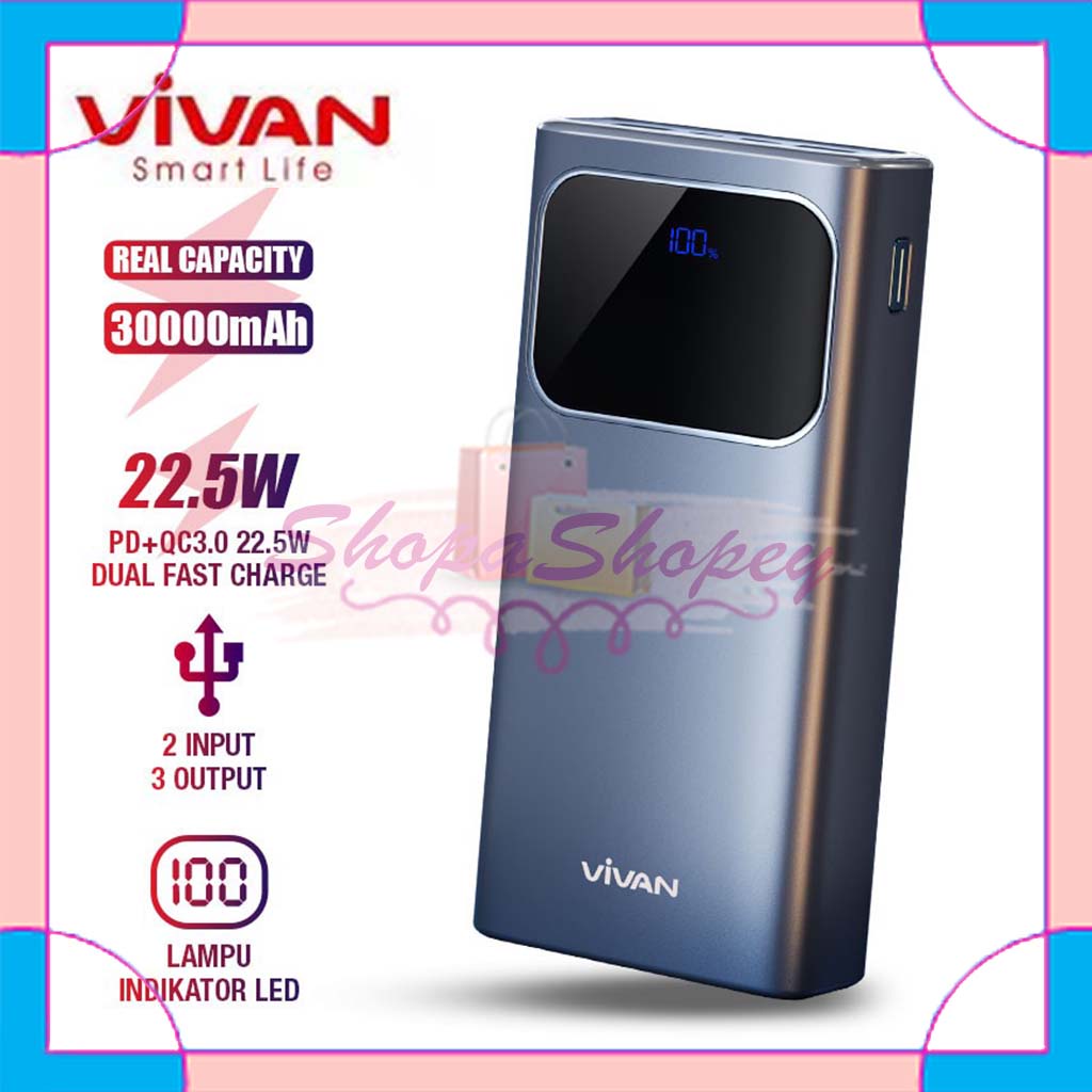 POWERBANK 30000 mAh VIVAN VPB-C30 Fast Charging 22.5W PD QC 3.0 with LED INDICATOR Garansi Resmi 1 Tahun