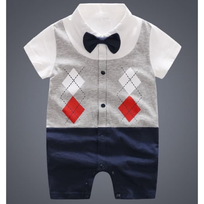 Baju Bayi Cowok Impor Romper Vest Abu Wajik Dasi Pita Putih Navy