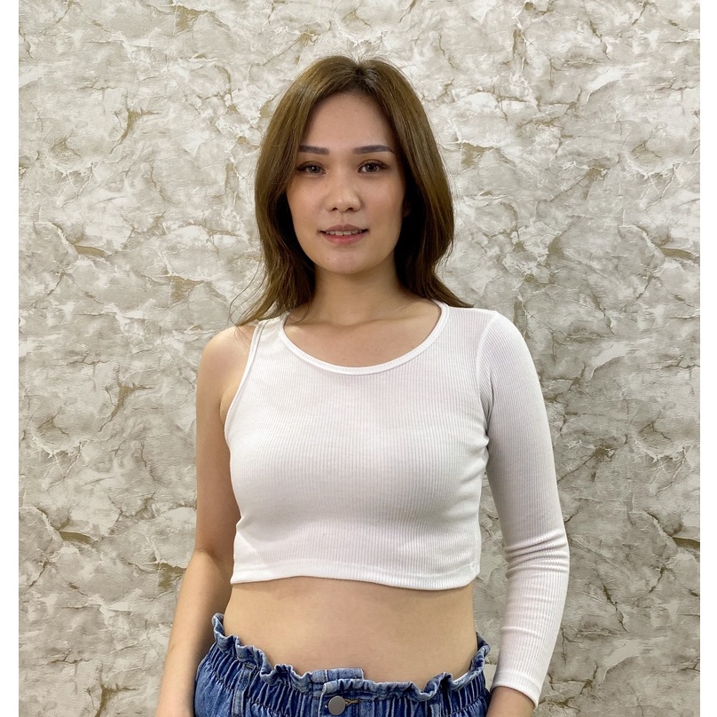 MODAVIE - FRISKA CROP TOP One Longsleeve Crop Tee Baju Atasan Satu Lengan Panjang