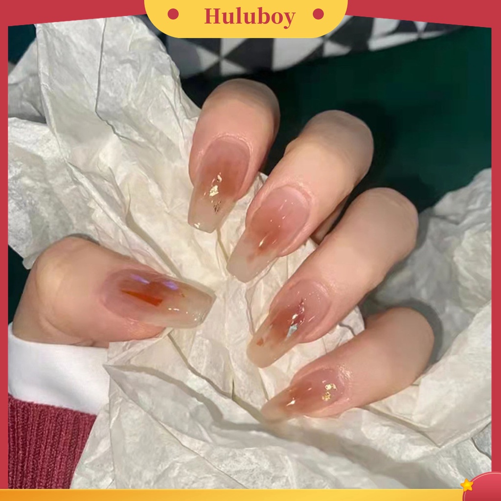 Huluboy Huluboy♡ 24pcs / Box Kuku Palsu Warna Caramel Gradasi Bahan ABS Untuk Nail Art