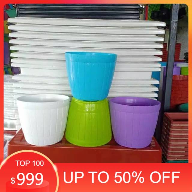 Jual pot gentong motif kayu - pot warna warni uk19 - pot cantik - pot plastik - putih kosong