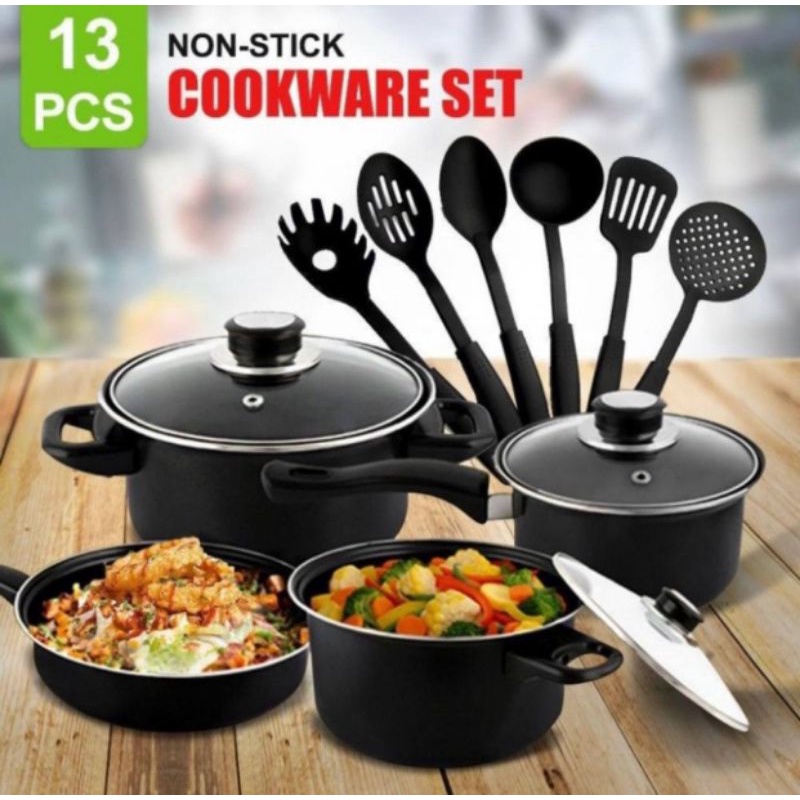 Panci Cookware Set Isi 13 pcs Hitam/Warna-Satu Set Alat Masak Panci Spatula Anti Lengket
