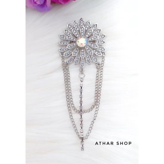 bros bunga rantai juntai bross kebaya/bros jas/brooch hijab import premium/ bros jilbab murah-Silver putih