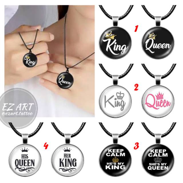 SEPASANG KALUNG LIONTIN COUPLE PASANGAN KING QUEEN KEEP CALM KULIT / RANTAI PREMIUM QUALITY