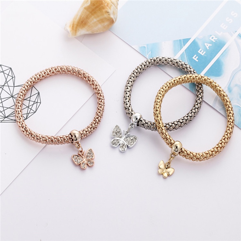 3pcs / Set Berlian Bertatahkan Kupu-kupu  Kunci  Kunci Liontin Gelang Tiga Warna Set Gelang Perhiasan Wanita