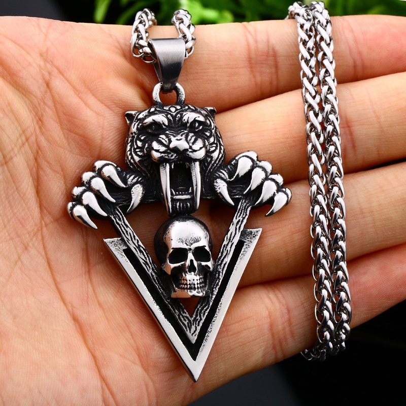 Retro fashion sword tooth tiger triangle Skull Pendant Necklace punk men's jewelry