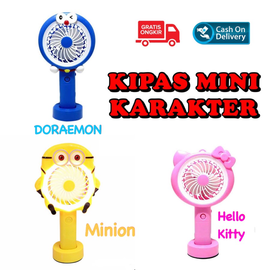 BELLA - KIPAS ANGIN MINI GENGGAM LAMPU LED LIPAT KARAKTER PORTABLE ORIGINAL DORAEMON KITTY