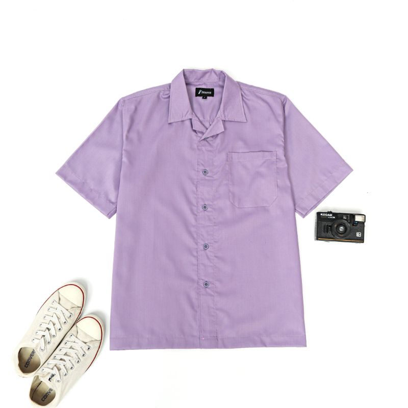 Kemeja cuban collar pria lengan pendek warna lilac polos / bowling shirt fredomz apparel cowok terba