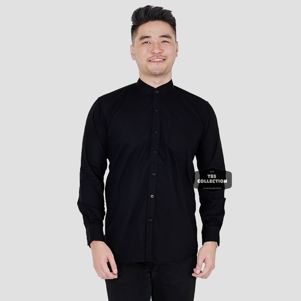 Kemeja Pria Lengan Panjang Hitam Polos Kerah Shanghai Kerah Koko Aneka Warna Casual Slimfit