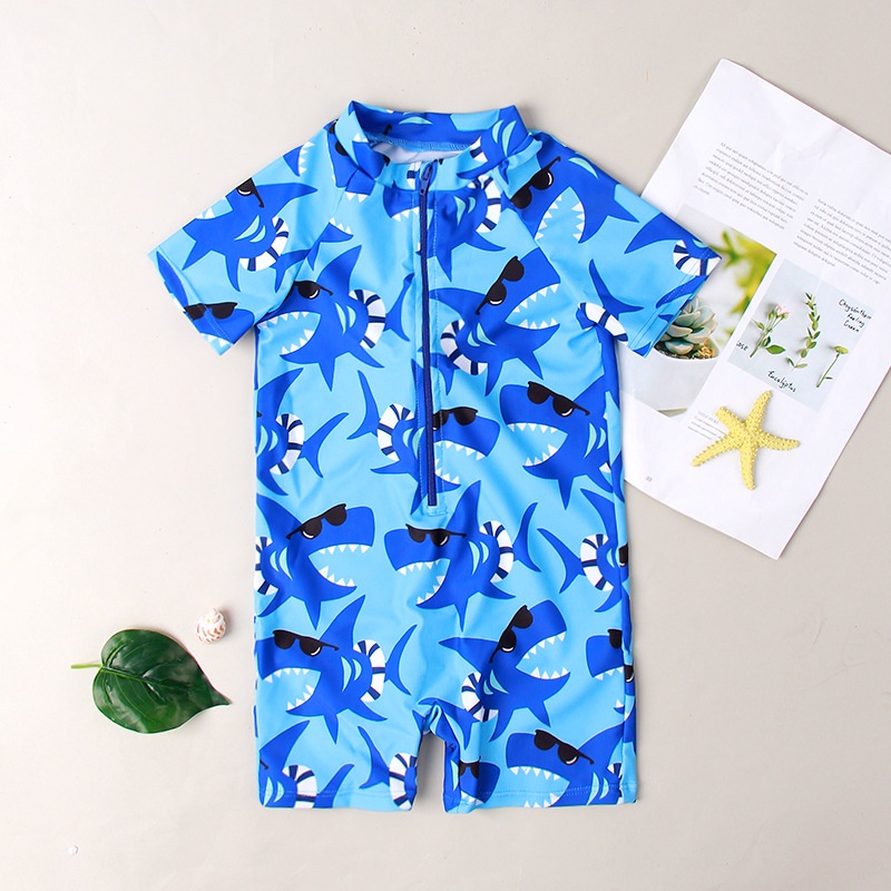 Pria Anak Laki-laki Katun One-Piece Swimsuit nosaurus Shark Cetak Zipper Nyaman Elastis Tinggi Swims