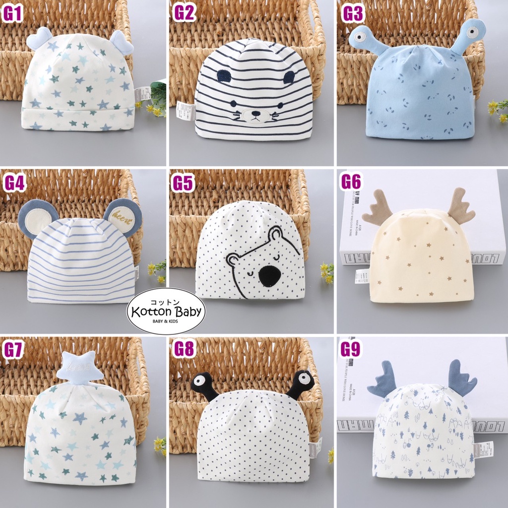 0-3 bln || Topi Bayi Newborn Kupluk Karakter Lucu Emen Anak Impor NMD Catalog G H