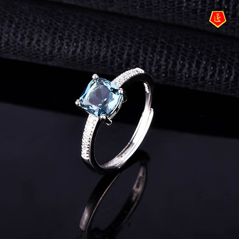 [Ready Stock]New Inlaid Blue Topaz Square Diamond Ring