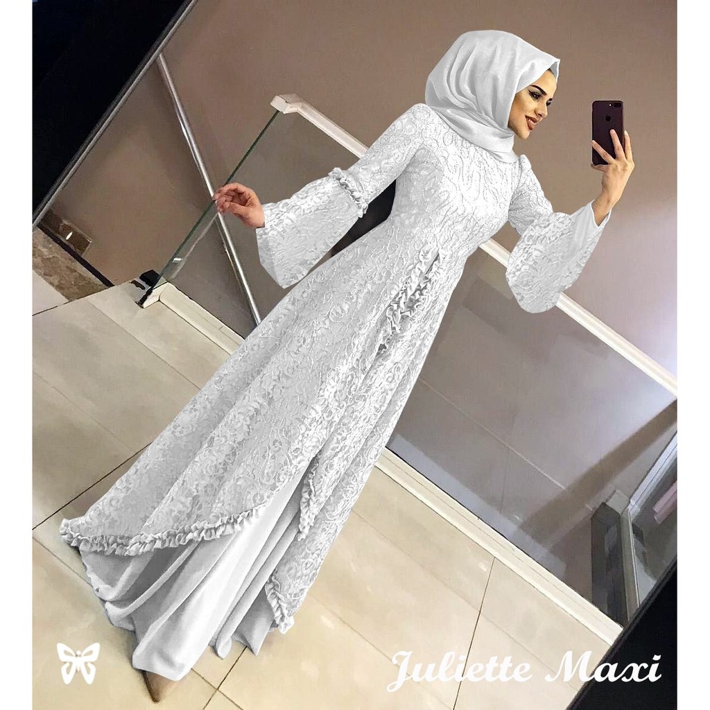 Maxi Gamis JULIETTE XL dan 3XL JUMBO Brukat + Hyget kombi lengan Sifon Berkualitas Terbaru-Putih