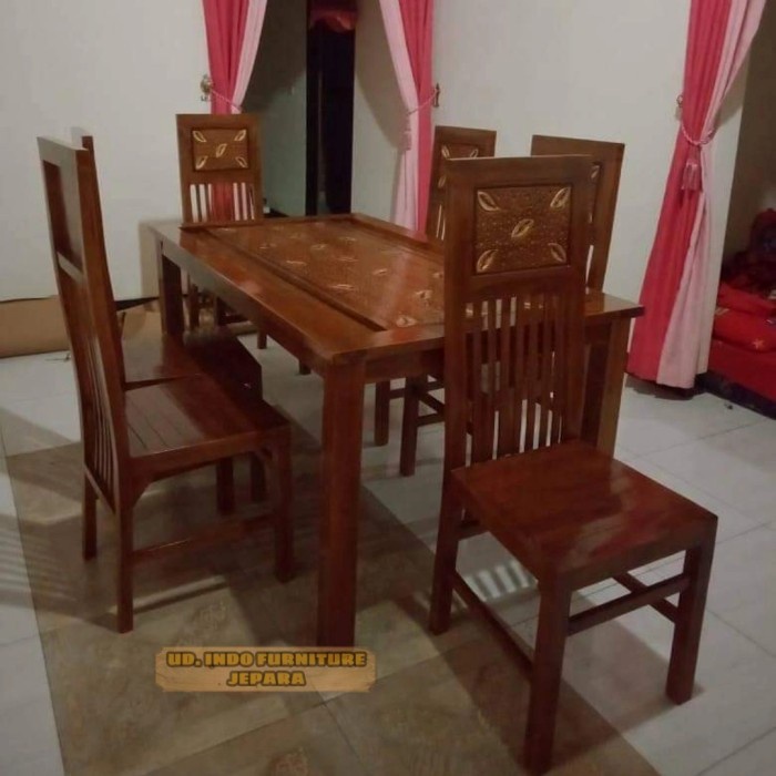 meja makan kursi kayu jati motif ukir daun