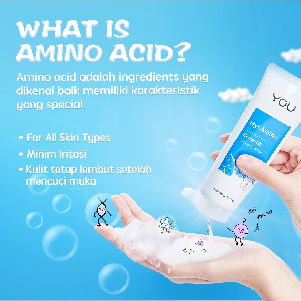 YOU Hy! Amino Contr-Oil Oil Control Facial Wash Indonesia / Pembersih Wajah Sabun Cuci Muka / Mengontrol Minyak Deep Cleansing Gentle Caring 100g / Skincare Face Cleanser Cleansing / Brightening Anti Acne Bacterial Hydrating / Toner / Y.O.U Series Paket