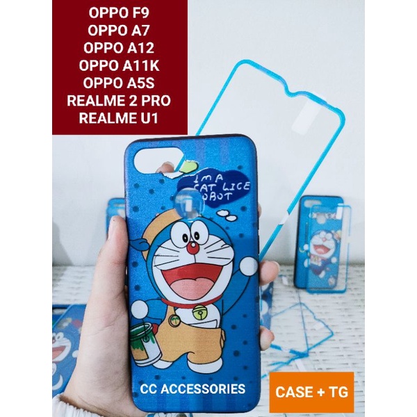 Doraemon Case + Tempered Glass Oppo A12 / A7 / A5s / A11K / F9 / REALME 2 Pro / REALME U1 Casing TG Kaca Full Covers Cover 360 Pelindung LCD 1set Dora emon