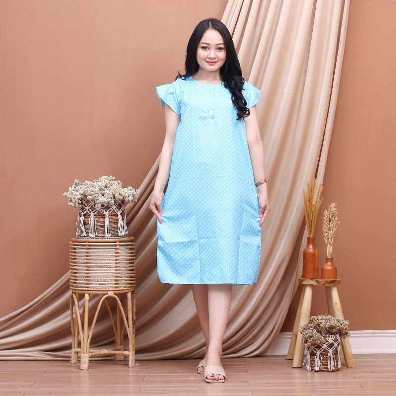 Daster Batik Lengan pendek - Motif Acak / Campur - Leher Kancing /Batik karakter busui-Polka biru