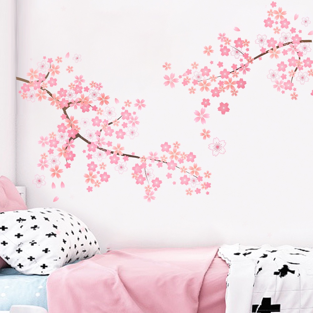 Stiker Dinding Motif Bunga Plum Blossom Warna Pink Untuk Dekorasi Ruang Tamu / Kamar Tidur