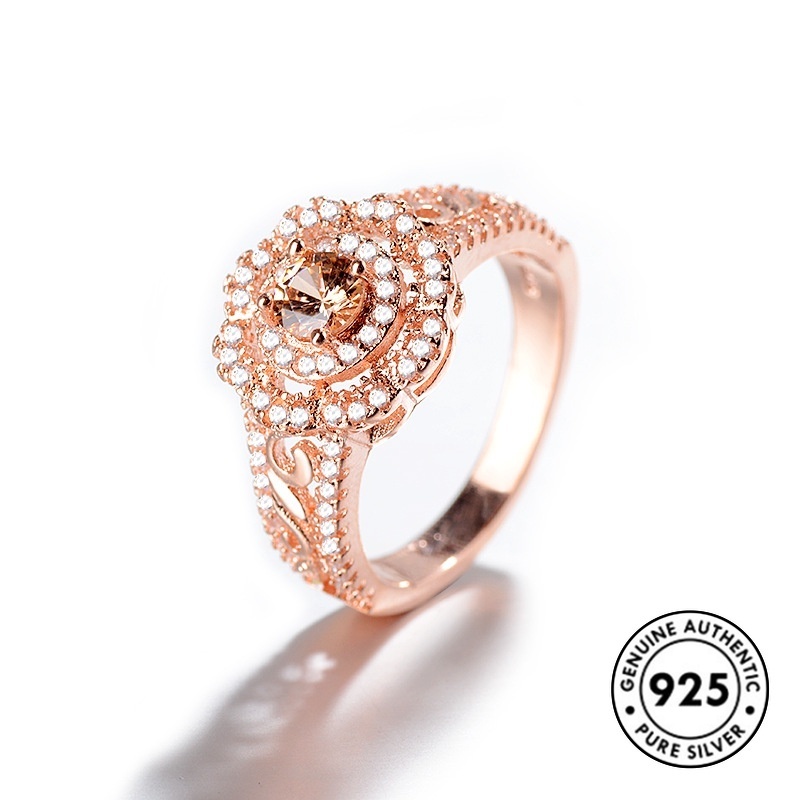 Cincin Sterling Silver 925 Model Bunga Warna Rose Gold Dengan Berlian Mewah Untuk Wanita