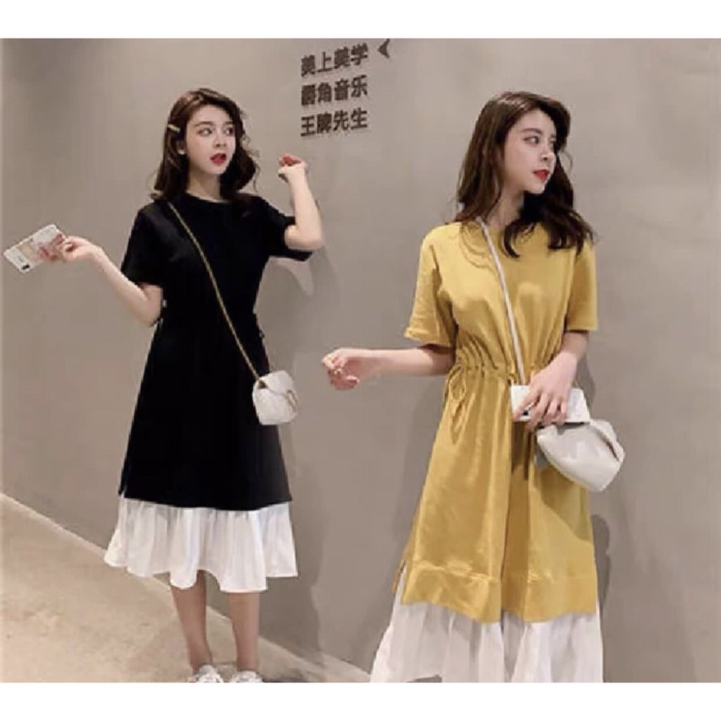 JT - 423003 Midi Tshirt Dress Korean Long Dress Musim Semi / Happy Dress / Dress Midi Wanita Ruffle Polos Guilen