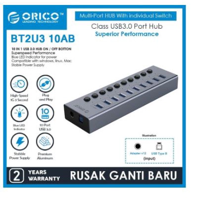 Usb 3.0 hub Orico 10 Port industrial on off Switch aluminum 5Gbps Adapter bt2U3-10ab - Terminal usb3.0 10 slot saklar