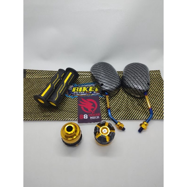 Paket Kulit Jok Karbon Thailand Universal + Handgrip Tulisan Thailand + Spion Yamaha Mio Karbon Twotone dan Jalu As Roda Buah Naga