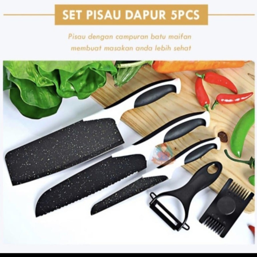 Set pisau dapur 5in1 bahan batu maifan original high - Pisau dapur lengkap - peeler