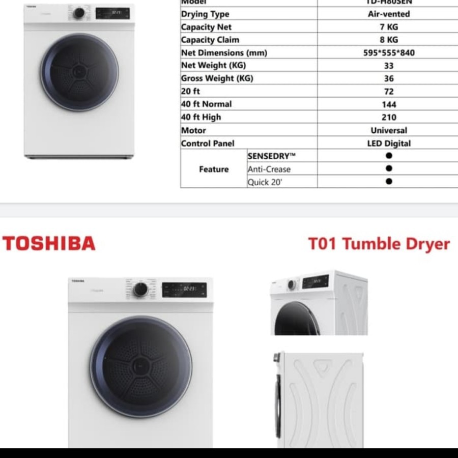 Dryer Toshiba TDH80SEN / Pengering Toshiba TD-H80SEN