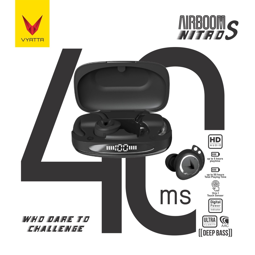 VYATTA Airboom Nitro S TWS Bluetooth Headset Earphone Gaming Mode 40 ms Earhook Design 14 in 1 Touch